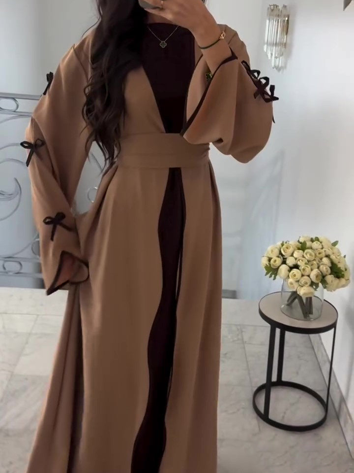 Brown Bow Robe Dress Two-piece Set -with Belt