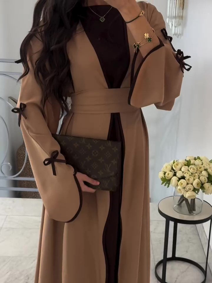 Brown Bow Robe Dress Two-piece Set -with Belt