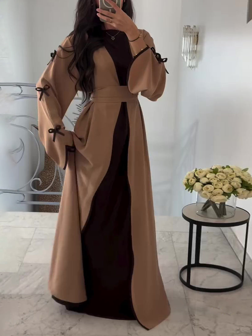 Brown Bow Robe Dress Two-piece Set -with Belt